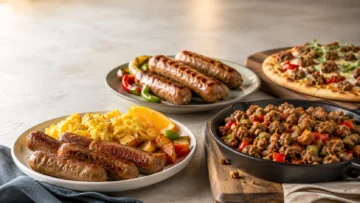 Professional foodservice display featuring grilled beef sausages, ground meat mixture, and specialty pizza for wholesale distribution and bulk caterin