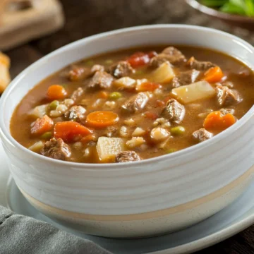Hearty beef stew in a stylish bowl, enriched with vegetables and savory broth.