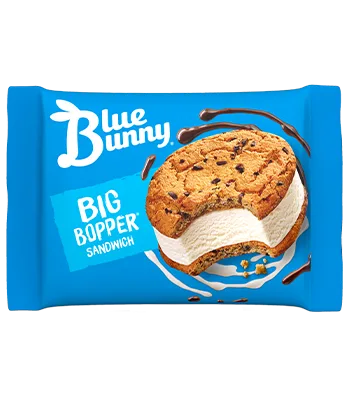 Blue Bunny Big Bopper ice cream sandwich featuring chocolate chip cookie exterior with creamy vanilla filling, ideal for foodservice bulk distribution