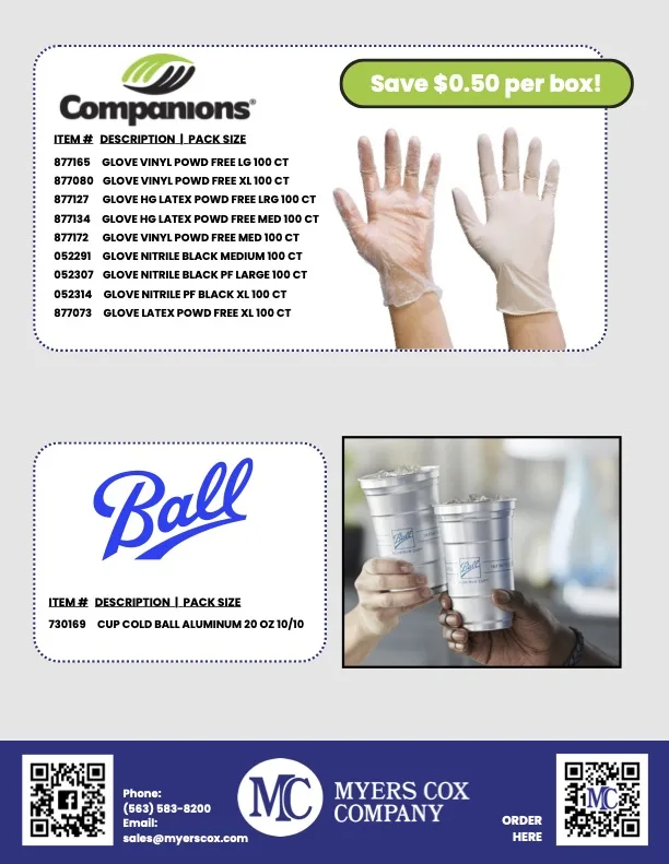 Commercial foodservice products including vinyl and nitrile gloves in various sizes, and Ball brand aluminum cold cups for wholesale food service distributors.