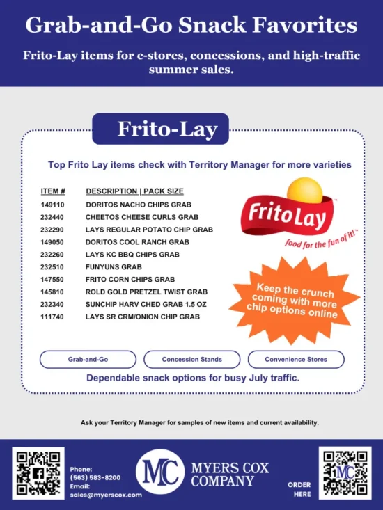 Frito-Lay snack products catalog featuring grab-and-go chip options for convenience stores, concession stands, and c-store foodservice distribution.