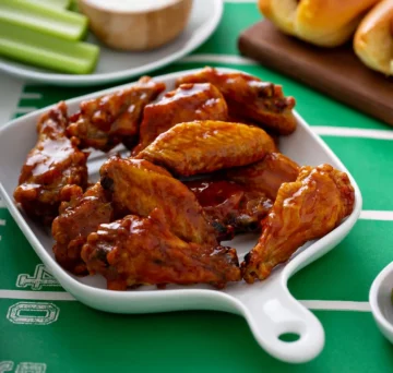 Delicious BBQ wings, celery sticks, and dip create the perfect game-day snack spread.