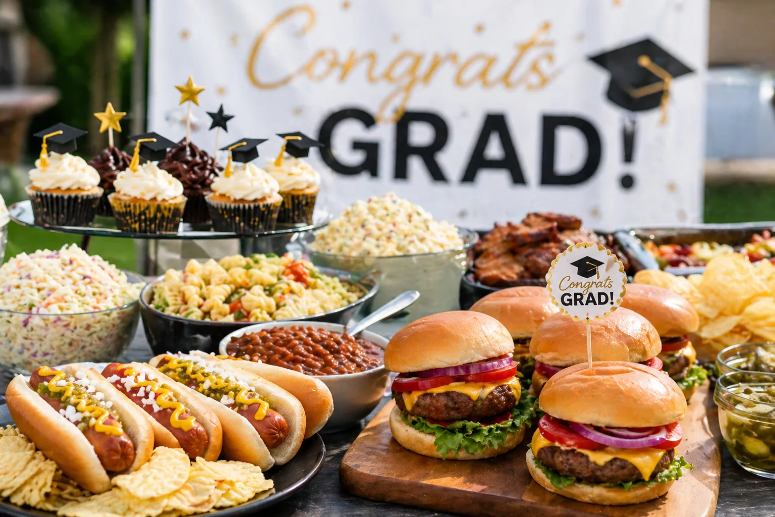 Professional catering spread featuring hamburgers, hot dogs, cupcakes, and assorted sides with Congrats Grad banner for wholesale food service.