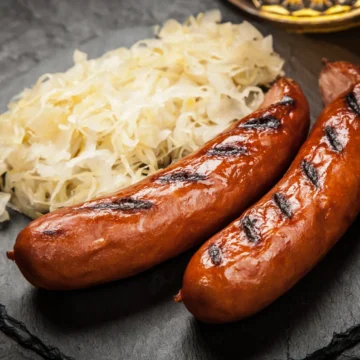 Two charred bratwurst sausages plated with shredded sauerkraut, ideal for foodservice wholesale and bulk distribution operations.