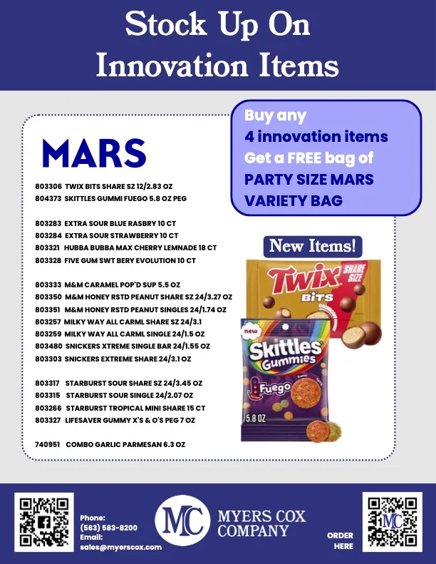 Wholesale candy promotion flyer featuring Mars products for foodservice distributors, listing bulk candy items with party size bag offer.