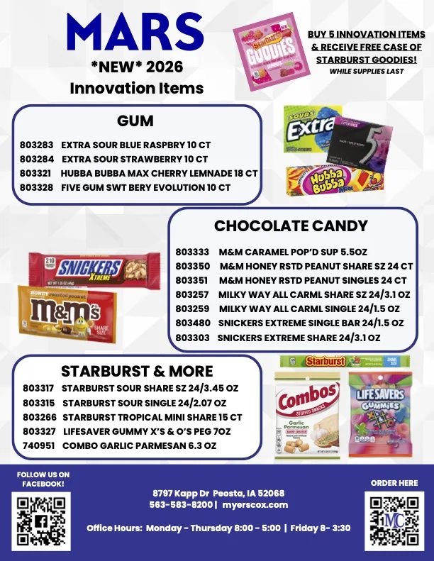 Mars 2026 product innovations catalog featuring gum, chocolate, and Starburst promotions.
