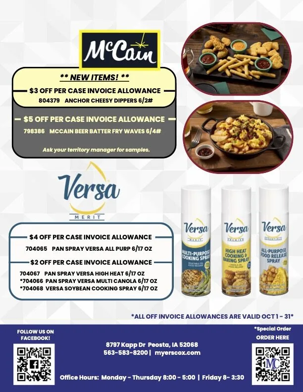 McCain and Versa food product flyer with discounts and new items featured.