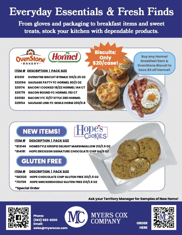 Food distributor product flyer featuring wholesale breakfast items, biscuits, sausage patties, and cookies from Myers Cox Company for foodservice suppliers.