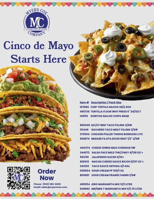 Myers Coy Company wholesale food distribution flyer featuring Cinco de Mayo Mexican food products including tortillas, tacos, nachos, and food service ingredients for foodservice suppliers and distributors.