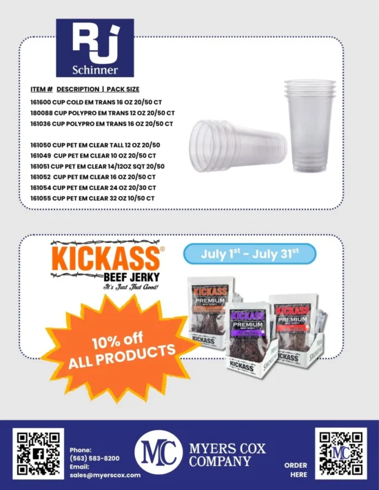 Foodservice wholesale promotional flyer featuring disposable cups from RJ Schinner and Kickass Premium Beef Jerky with 10% discount for July.
