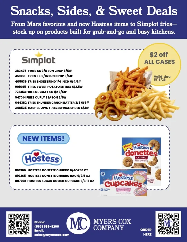 Wholesale food distributor catalog featuring Simplot frozen fries and Hostess snack products for commercial foodservice suppliers and bulk kitchen distribution.