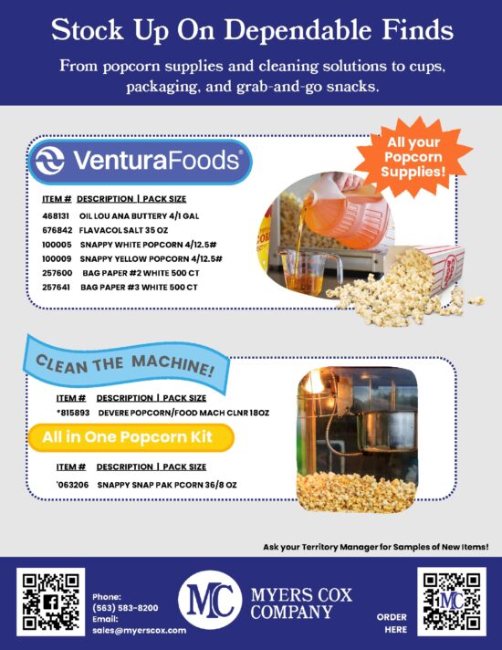 VenturaFoods wholesale popcorn supplies catalog featuring oils, seasonings, bags, cleaning solutions, and all-in-one kits for foodservice operators.